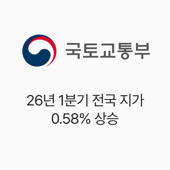 국토교통부, 26년 1분기 전국 지가 0.58% 상승